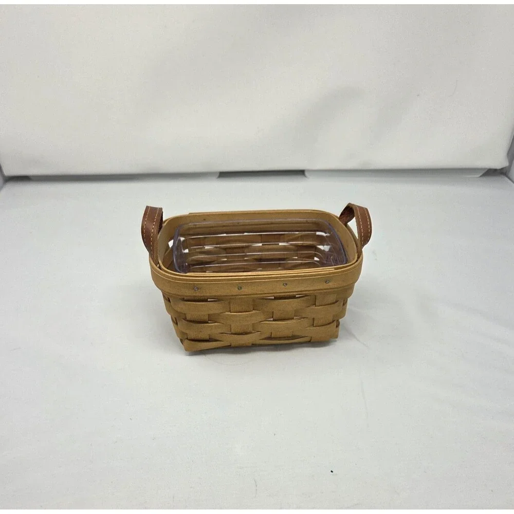 Longaberger 2003 Small Handwoven Basket Leather Handles Plastic Protector EUC